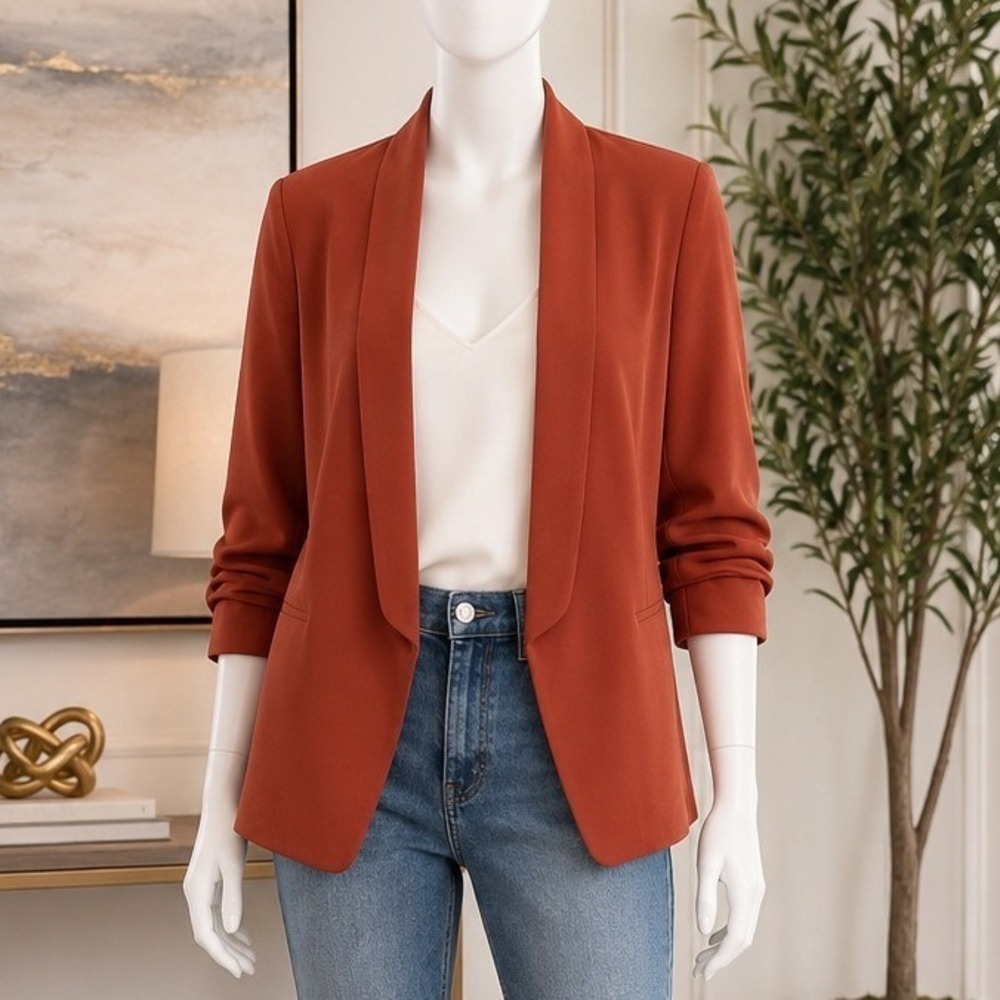 Babaton Womens Blazer Cropped Open Front Pleated Cuff Rust Orange 10